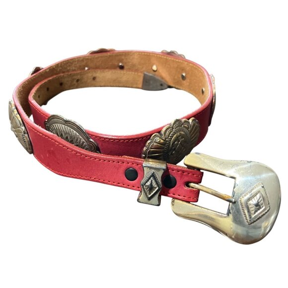 Justin Top Grain Cowhide Leather Belt Red Western Concho USA 1992 Womens Size 28 - Picture 2 of 7